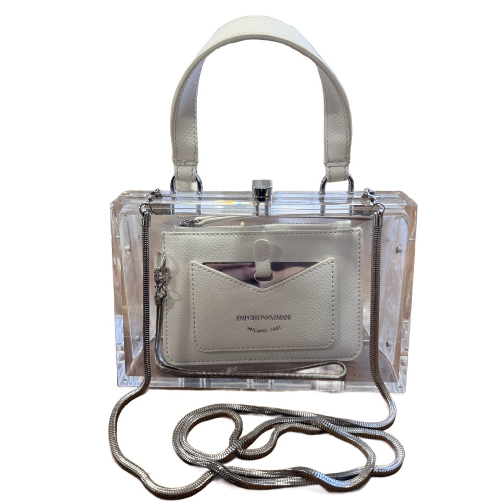 Emporio Armani Clear Acrylic Purse w White Leather Handle and Wristlet